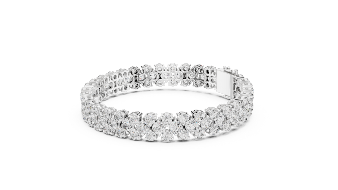 Double row lab grown diamond bracelet with brilliant round diamonds in yellow white and rose gold finishes