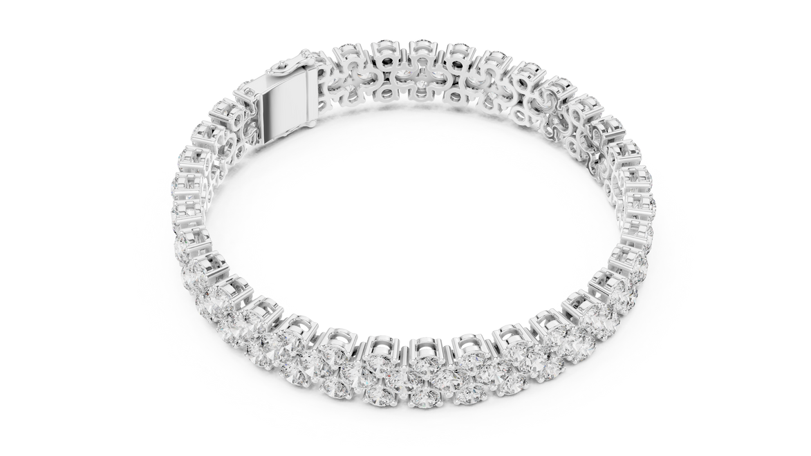 Double row lab grown diamond bracelet with brilliant round diamonds in yellow white and rose gold finishes