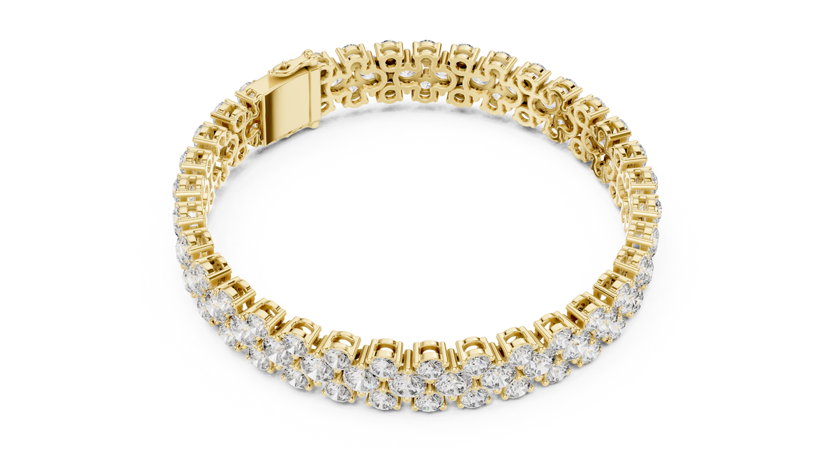 Double row lab grown diamond bracelet with brilliant round diamonds in yellow white and rose gold finishes