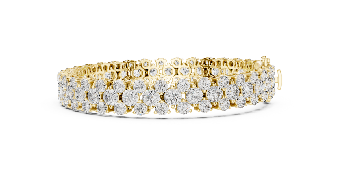 Double row lab grown diamond bracelet with brilliant round diamonds in yellow white and rose gold finishes