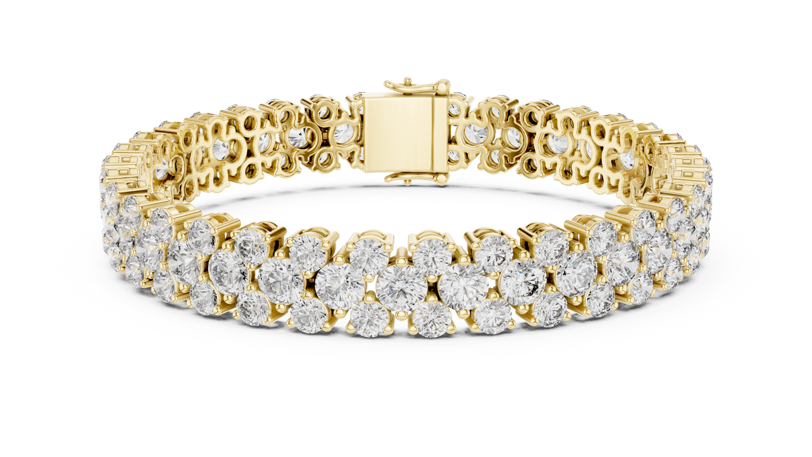 Double row lab grown diamond bracelet with brilliant round diamonds in yellow white and rose gold finishes