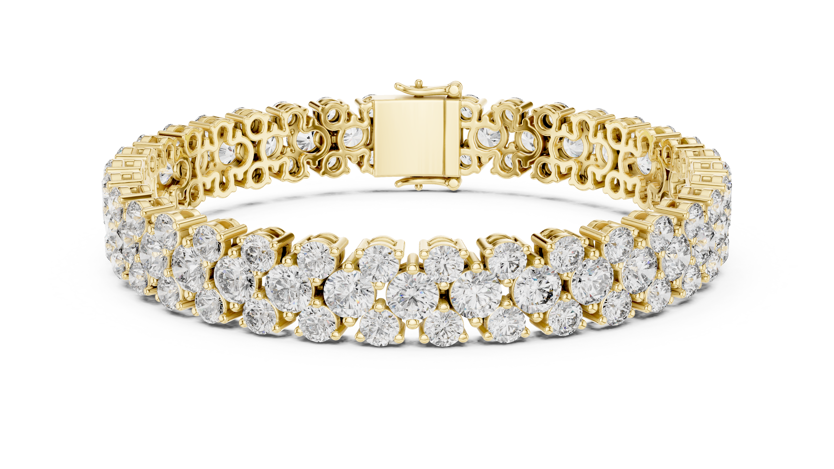 Double row lab grown diamond bracelet with brilliant round diamonds in yellow white and rose gold finishes