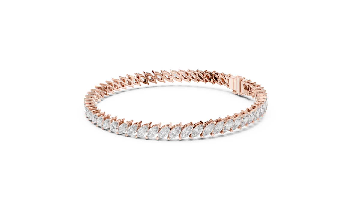Marquise cut lab grown diamond tennis bracelet in yellow white and rose gold with elegant elongated diamond design