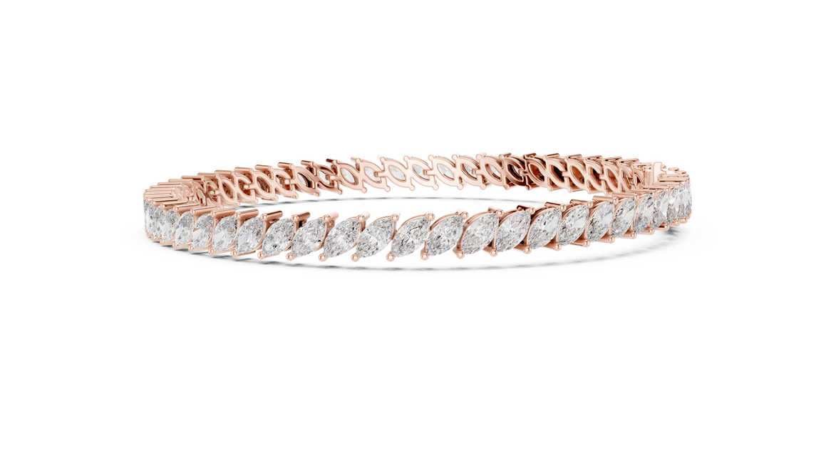 Marquise cut lab grown diamond tennis bracelet in yellow white and rose gold with elegant elongated diamond design