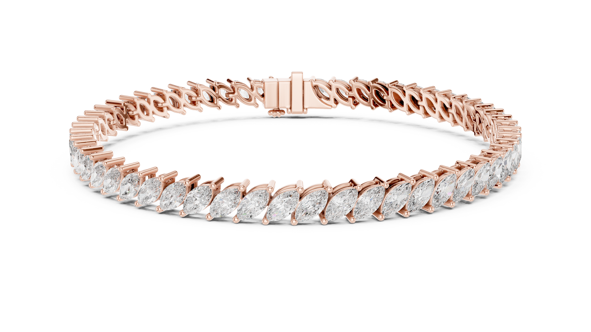 Marquise cut lab grown diamond tennis bracelet in yellow white and rose gold with elegant elongated diamond design