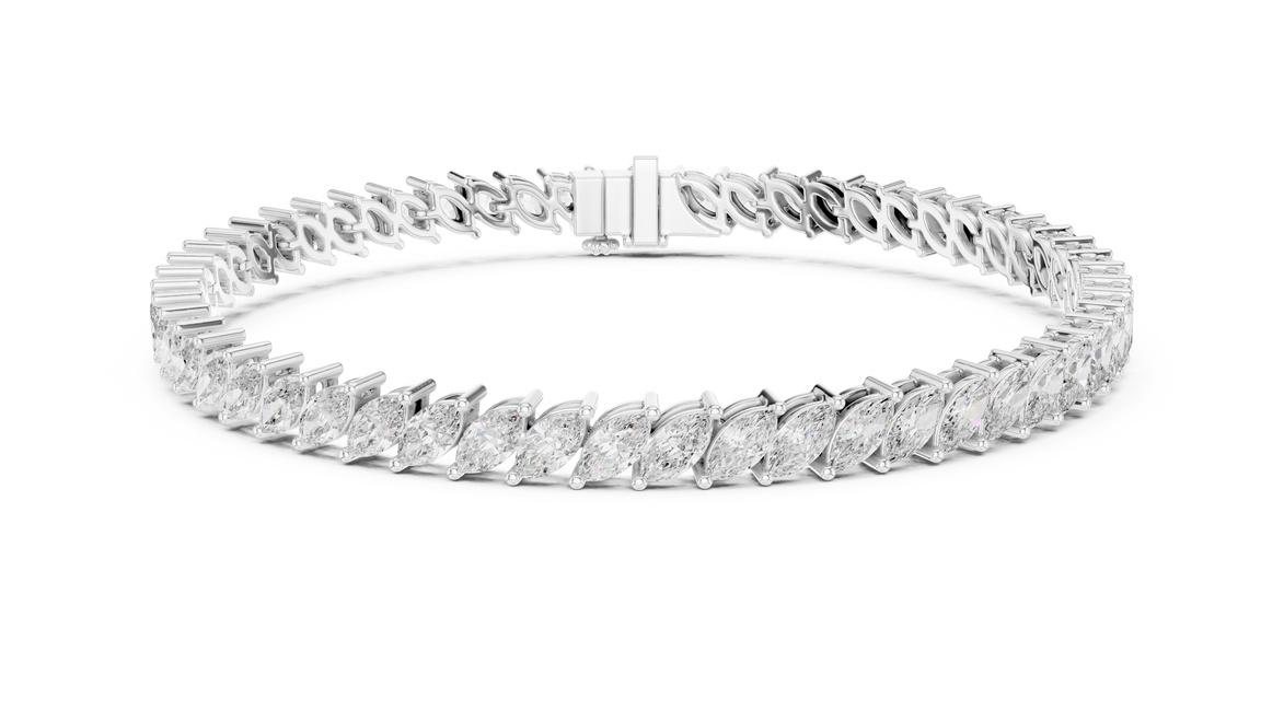 Marquise cut lab grown diamond tennis bracelet in yellow white and rose gold with elegant elongated diamond design