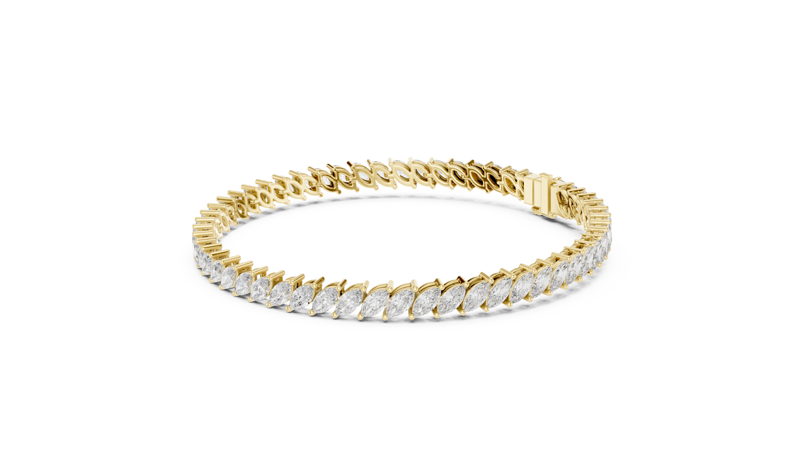Marquise cut lab grown diamond tennis bracelet in yellow white and rose gold with elegant elongated diamond design