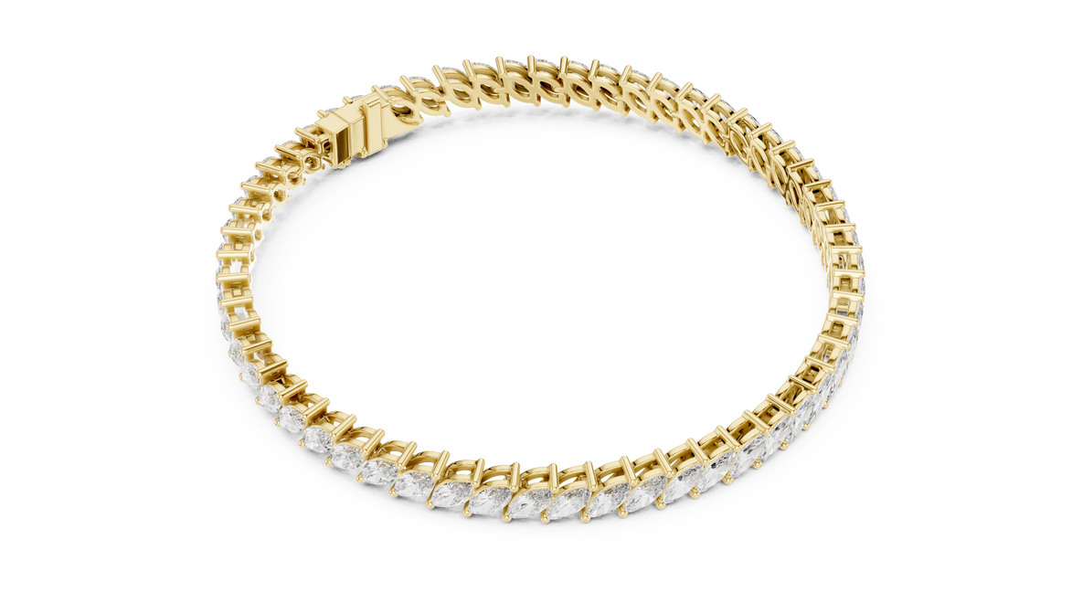 Marquise cut lab grown diamond tennis bracelet in yellow white and rose gold with elegant elongated diamond design