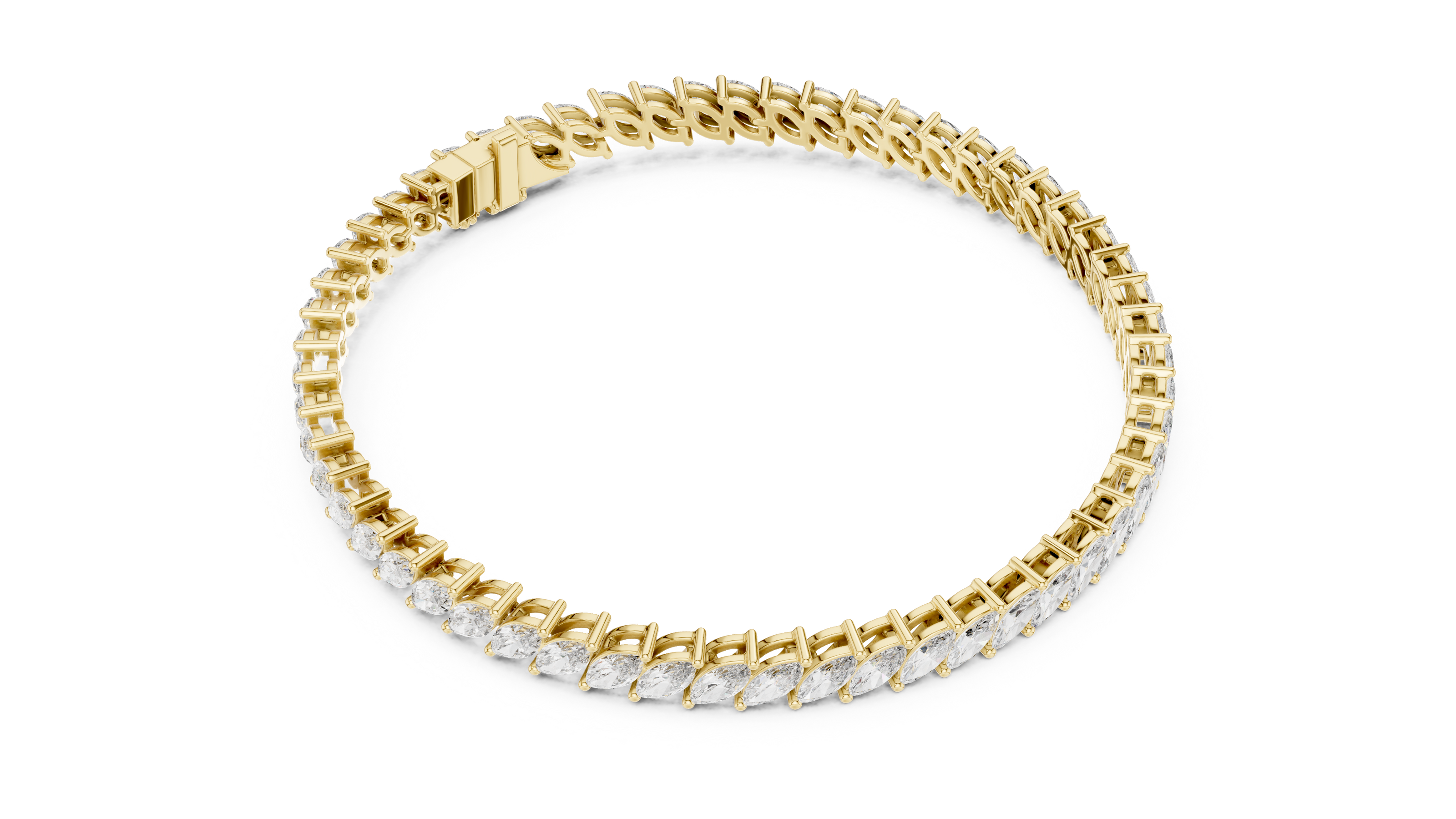 Marquise cut lab grown diamond tennis bracelet in yellow white and rose gold with elegant elongated diamond design