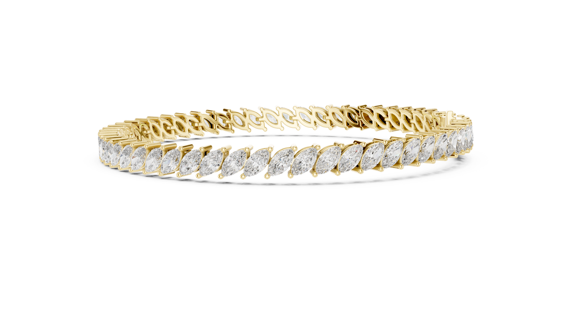 Marquise cut lab grown diamond tennis bracelet in yellow white and rose gold with elegant elongated diamond design