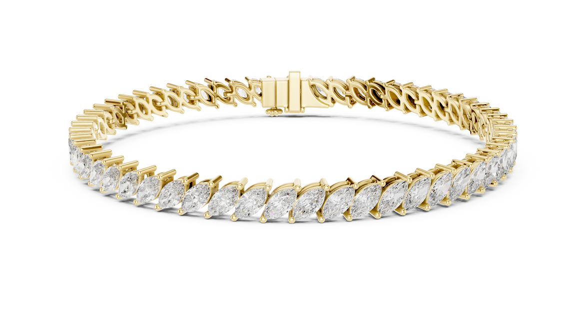 Marquise cut lab grown diamond tennis bracelet in yellow white and rose gold with elegant elongated diamond design