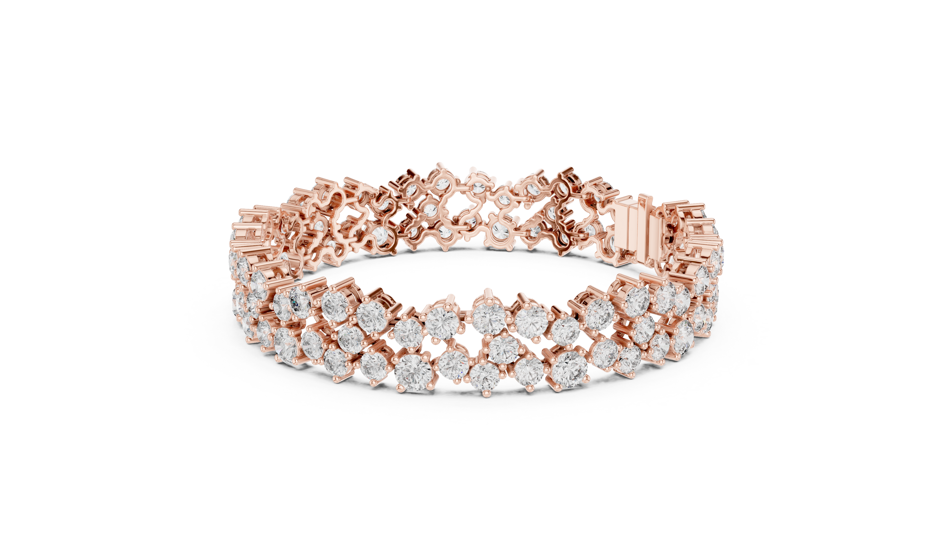 Multi shape lab grown diamond tennis bracelet with clustered round diamond design in yellow white and rose gold