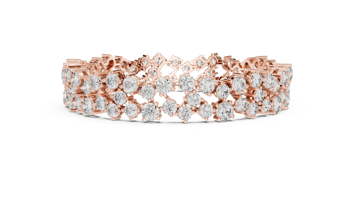 Multi shape lab grown diamond tennis bracelet with clustered round diamond design in yellow white and rose gold
