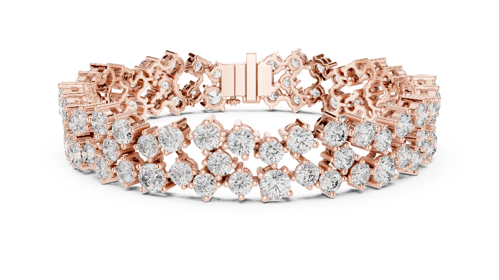 Multi shape lab grown diamond tennis bracelet with clustered round diamond design in yellow white and rose gold