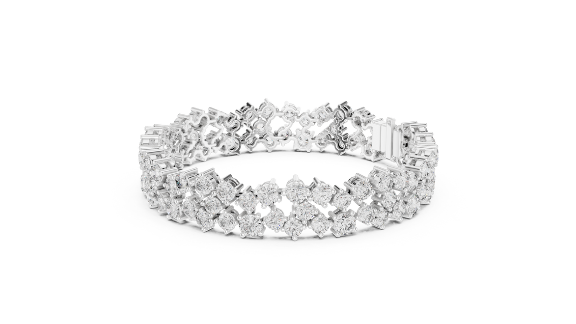 Multi shape lab grown diamond tennis bracelet with clustered round diamond design in yellow white and rose gold