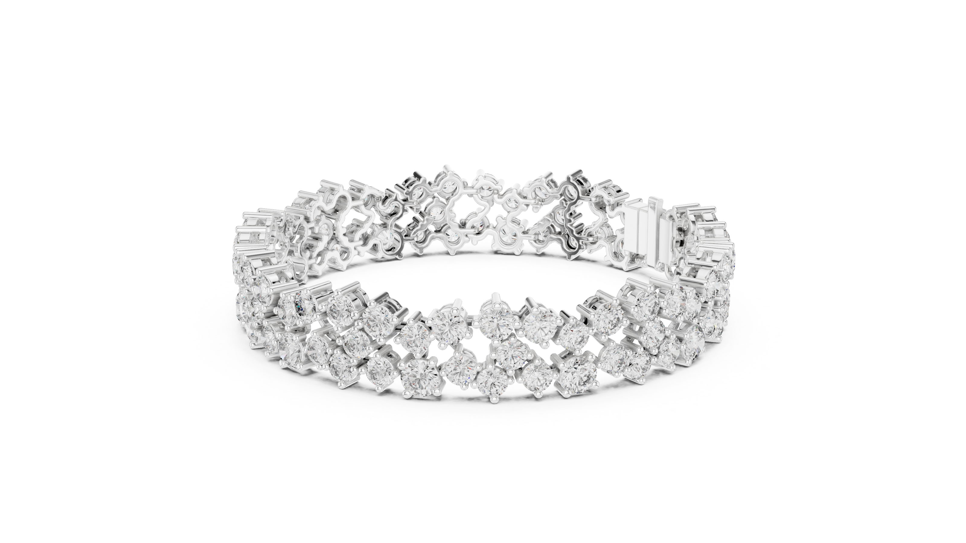 Multi shape lab grown diamond tennis bracelet with clustered round diamond design in yellow white and rose gold