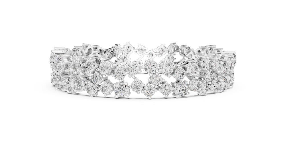 Multi shape lab grown diamond tennis bracelet with clustered round diamond design in yellow white and rose gold