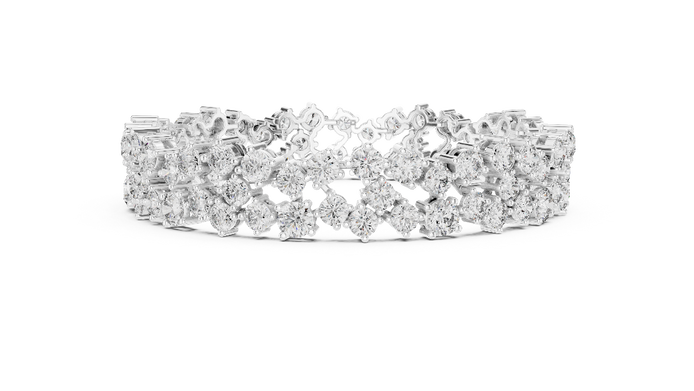 Multi shape lab grown diamond tennis bracelet with clustered round diamond design in yellow white and rose gold