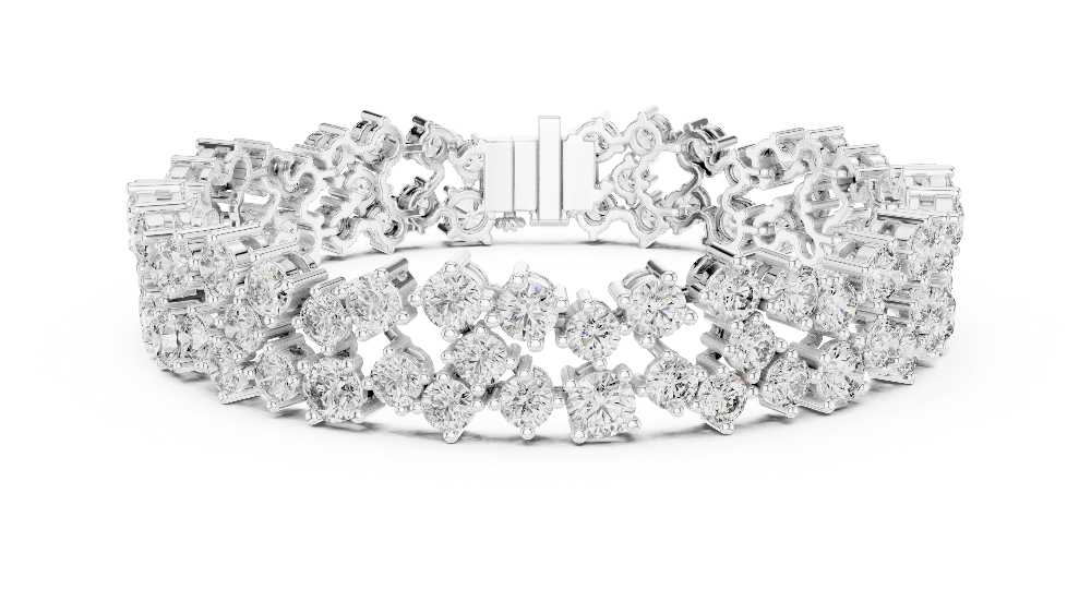 Multi shape lab grown diamond tennis bracelet with clustered round diamond design in yellow white and rose gold