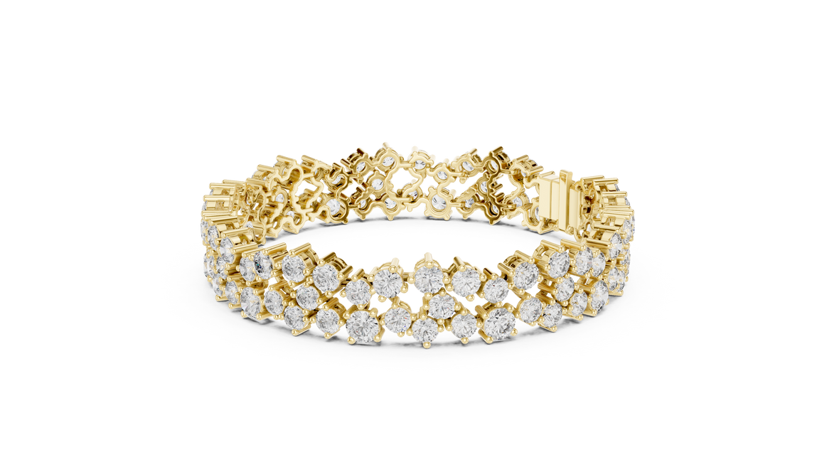 Multi shape lab grown diamond tennis bracelet with clustered round diamond design in yellow white and rose gold