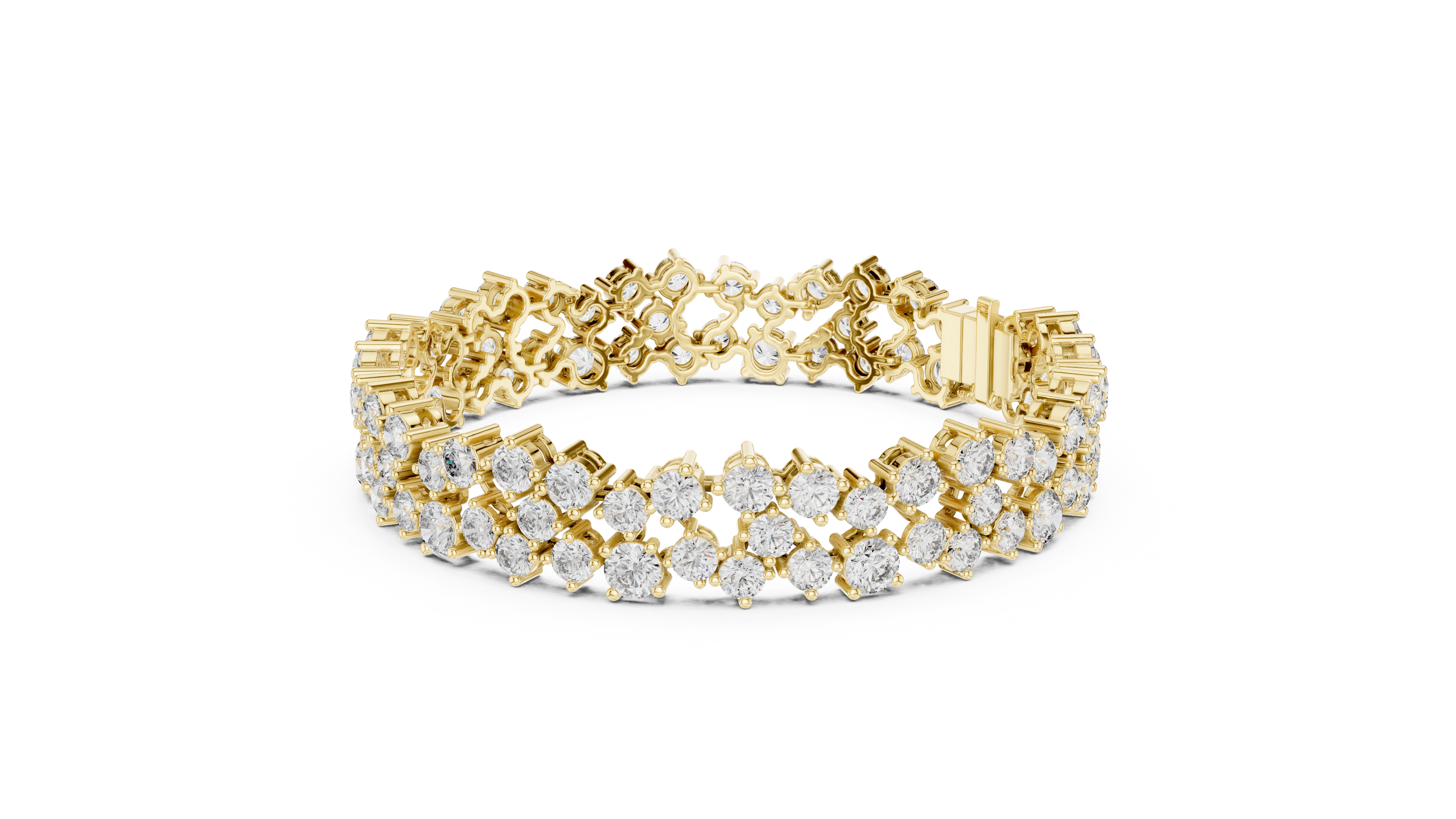 Multi shape lab grown diamond tennis bracelet with clustered round diamond design in yellow white and rose gold