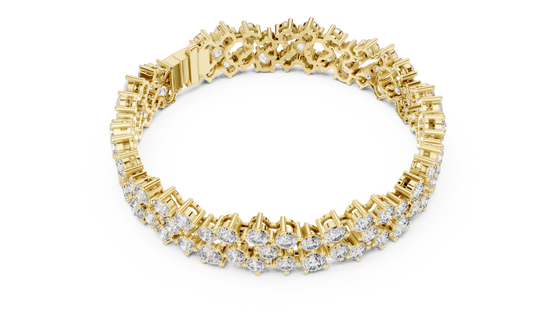 Multi shape lab grown diamond tennis bracelet with clustered round diamond design in yellow white and rose gold