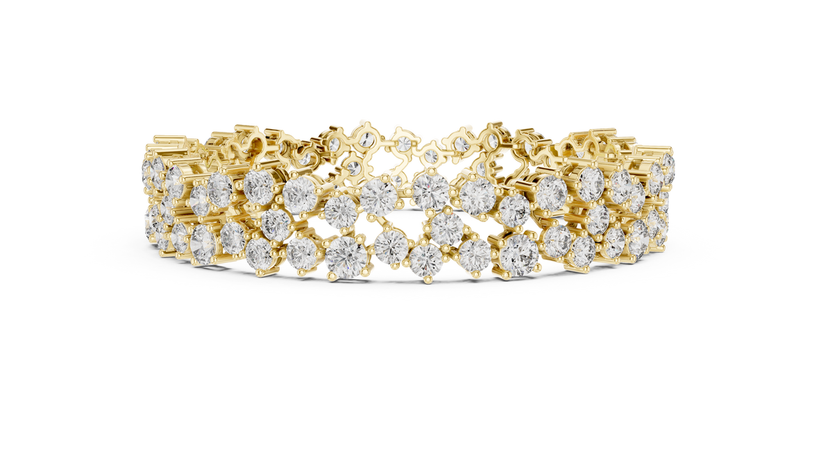 Multi shape lab grown diamond tennis bracelet with clustered round diamond design in yellow white and rose gold