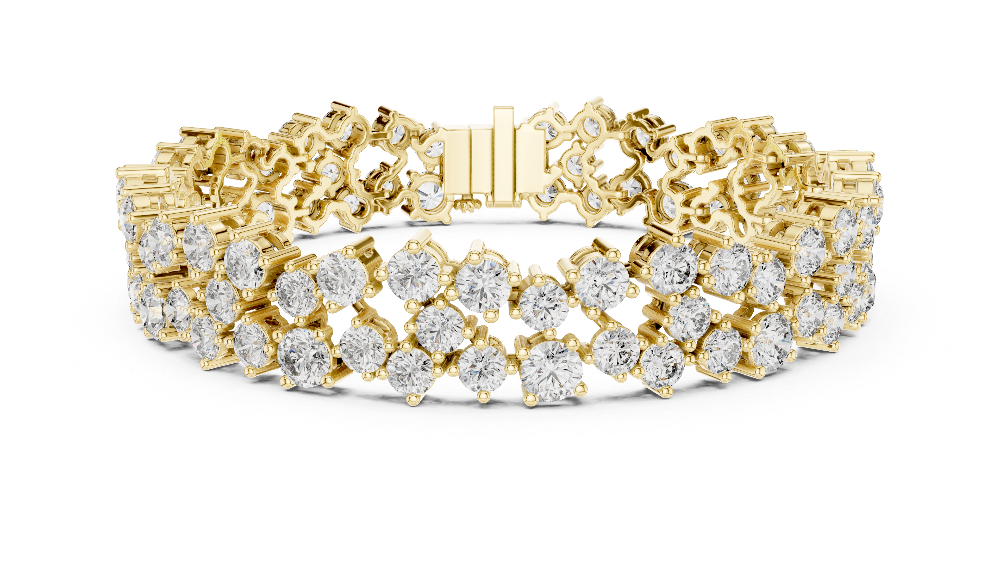 Multi shape lab grown diamond tennis bracelet with clustered round diamond design in yellow white and rose gold