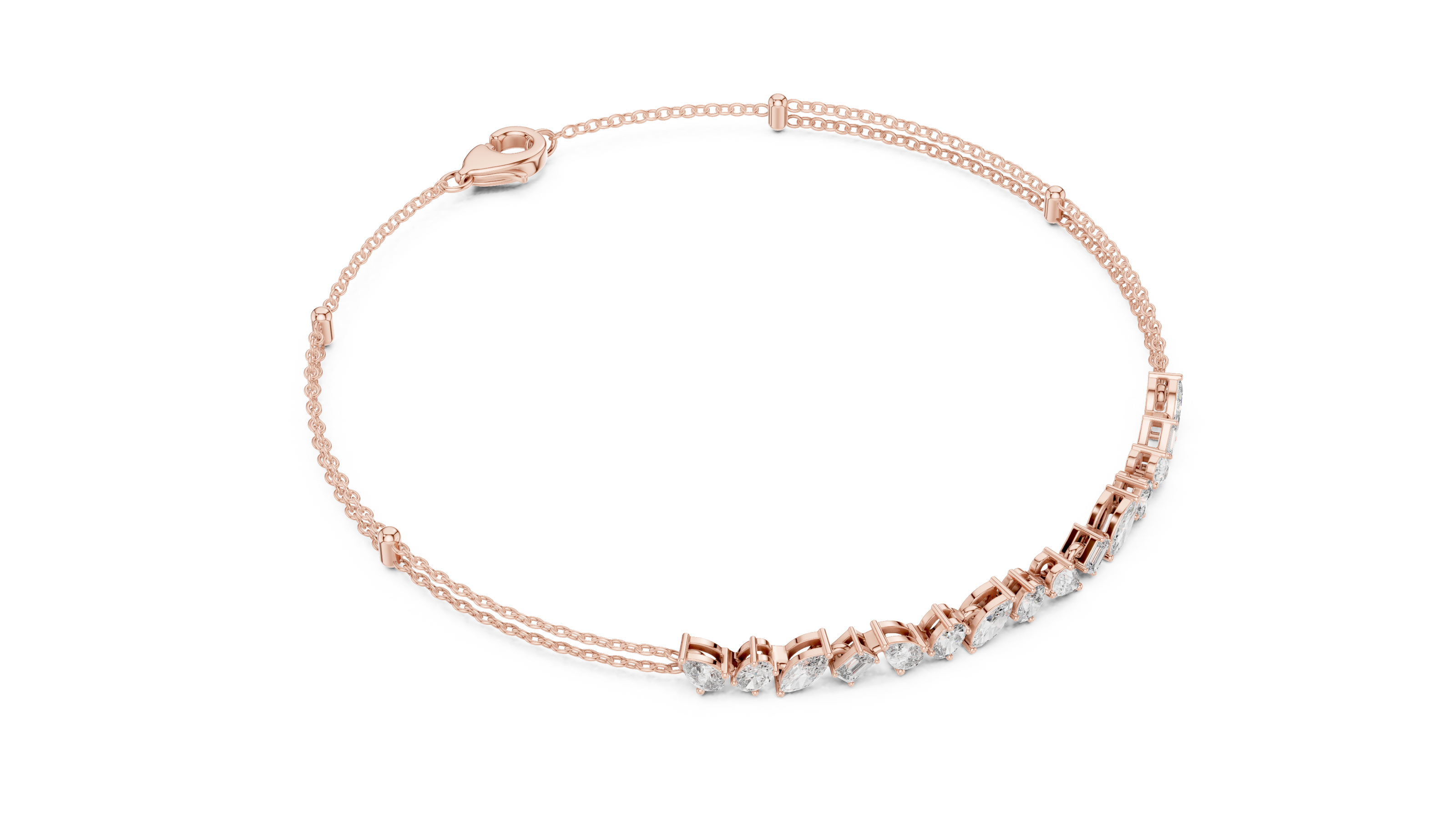 Contemporary multi shape lab grown diamond chain bracelet with pear oval marquise and emerald cut diamonds in yellow white and rose gold
