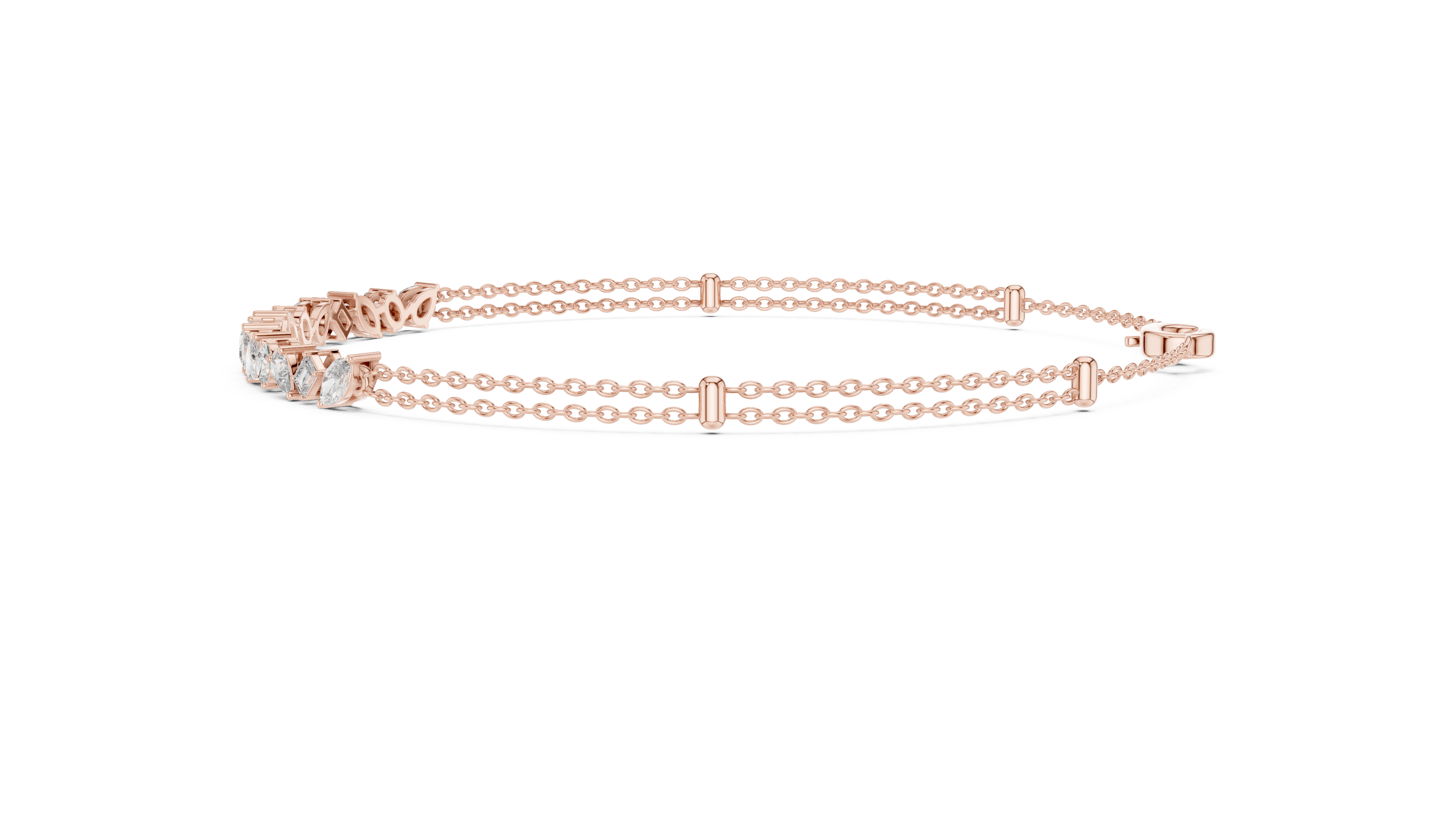 Contemporary multi shape lab grown diamond chain bracelet with pear oval marquise and emerald cut diamonds in yellow white and rose gold