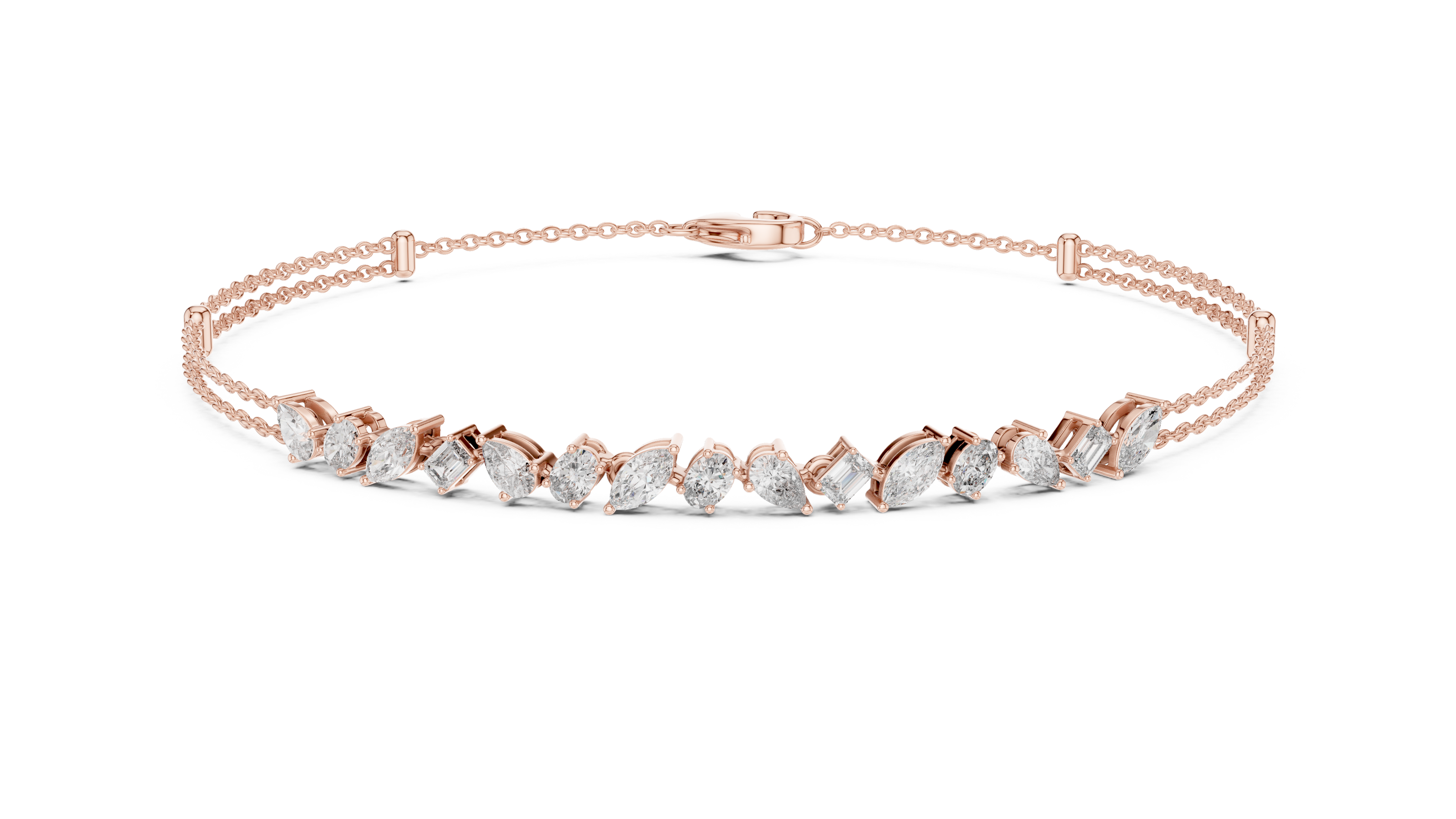 Contemporary multi shape lab grown diamond chain bracelet with pear oval marquise and emerald cut diamonds in yellow white and rose gold