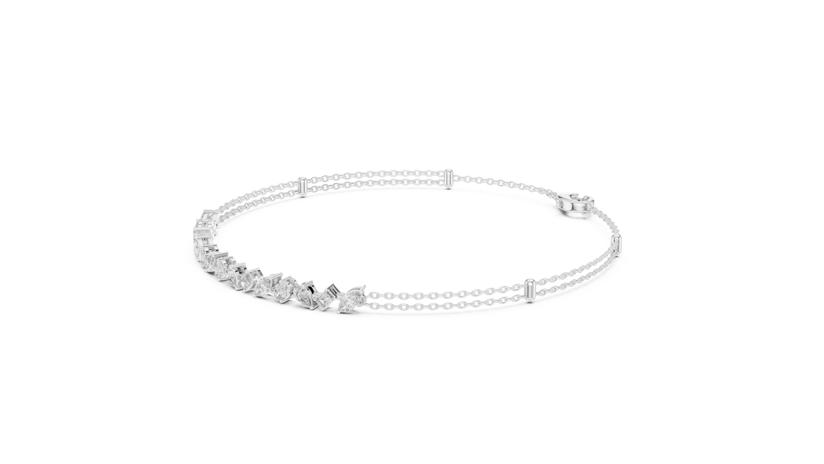 Contemporary multi shape lab grown diamond chain bracelet with pear oval marquise and emerald cut diamonds in yellow white and rose gold