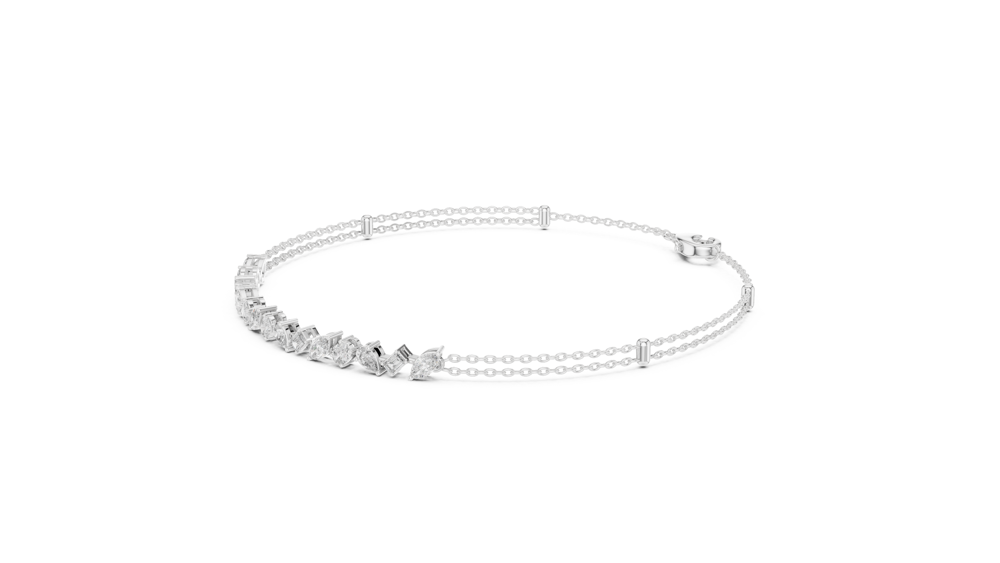 Contemporary multi shape lab grown diamond chain bracelet with pear oval marquise and emerald cut diamonds in yellow white and rose gold