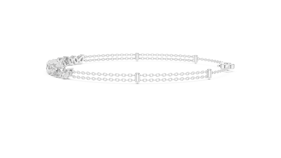 Contemporary multi shape lab grown diamond chain bracelet with pear oval marquise and emerald cut diamonds in yellow white and rose gold