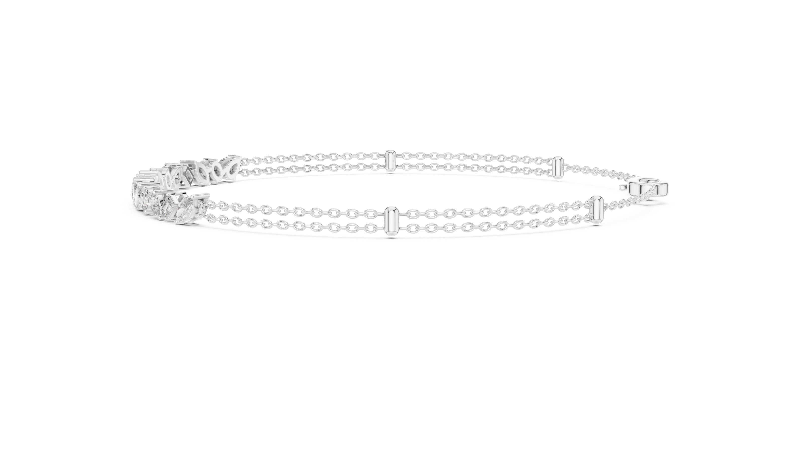 Contemporary multi shape lab grown diamond chain bracelet with pear oval marquise and emerald cut diamonds in yellow white and rose gold