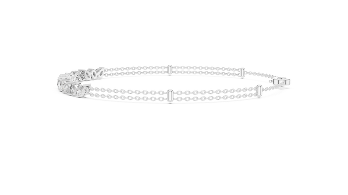 Contemporary multi shape lab grown diamond chain bracelet with pear oval marquise and emerald cut diamonds in yellow white and rose gold