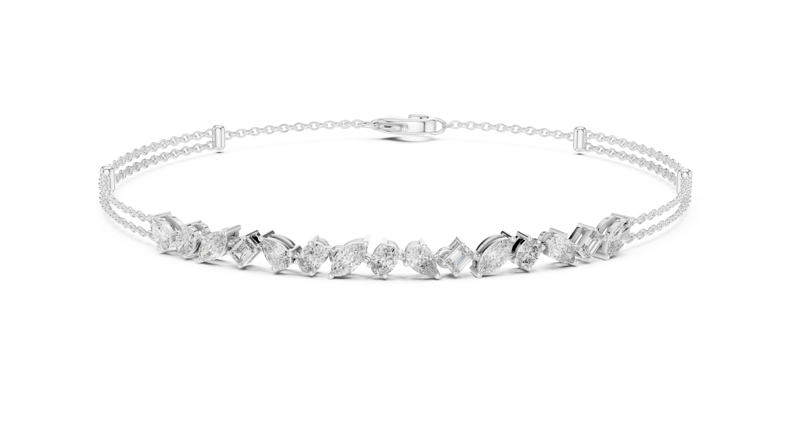 Contemporary multi shape lab grown diamond chain bracelet with pear oval marquise and emerald cut diamonds in yellow white and rose gold