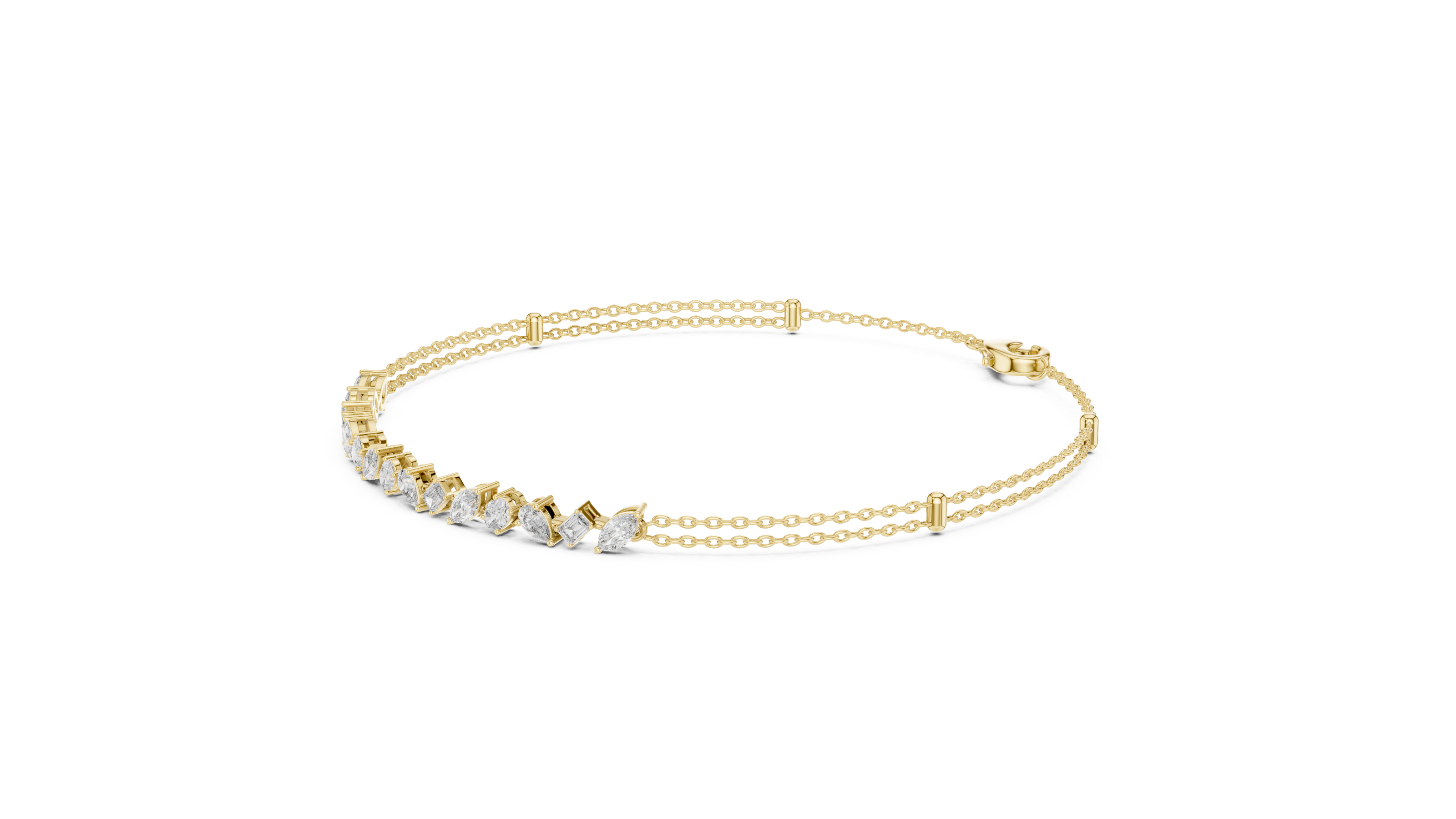 Contemporary multi shape lab grown diamond chain bracelet with pear oval marquise and emerald cut diamonds in yellow white and rose gold