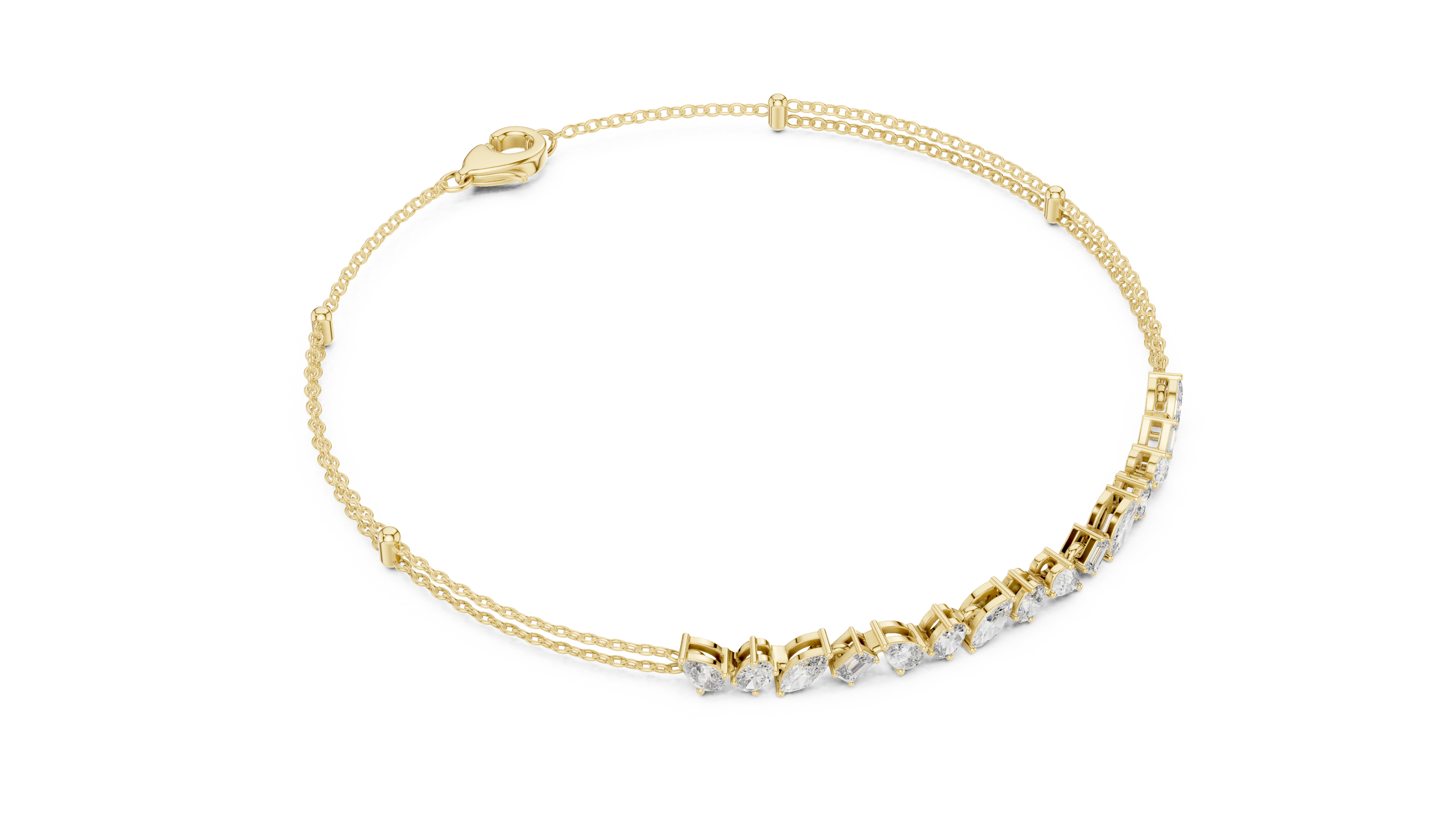 Contemporary multi shape lab grown diamond chain bracelet with pear oval marquise and emerald cut diamonds in yellow white and rose gold