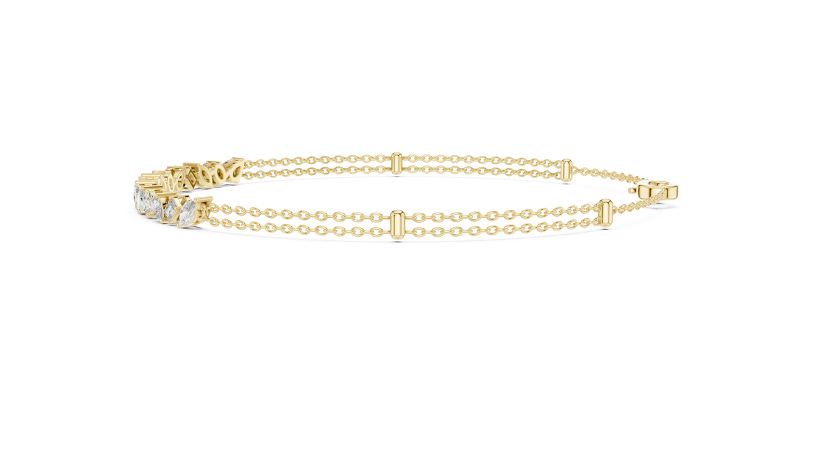 Contemporary multi shape lab grown diamond chain bracelet with pear oval marquise and emerald cut diamonds in yellow white and rose gold