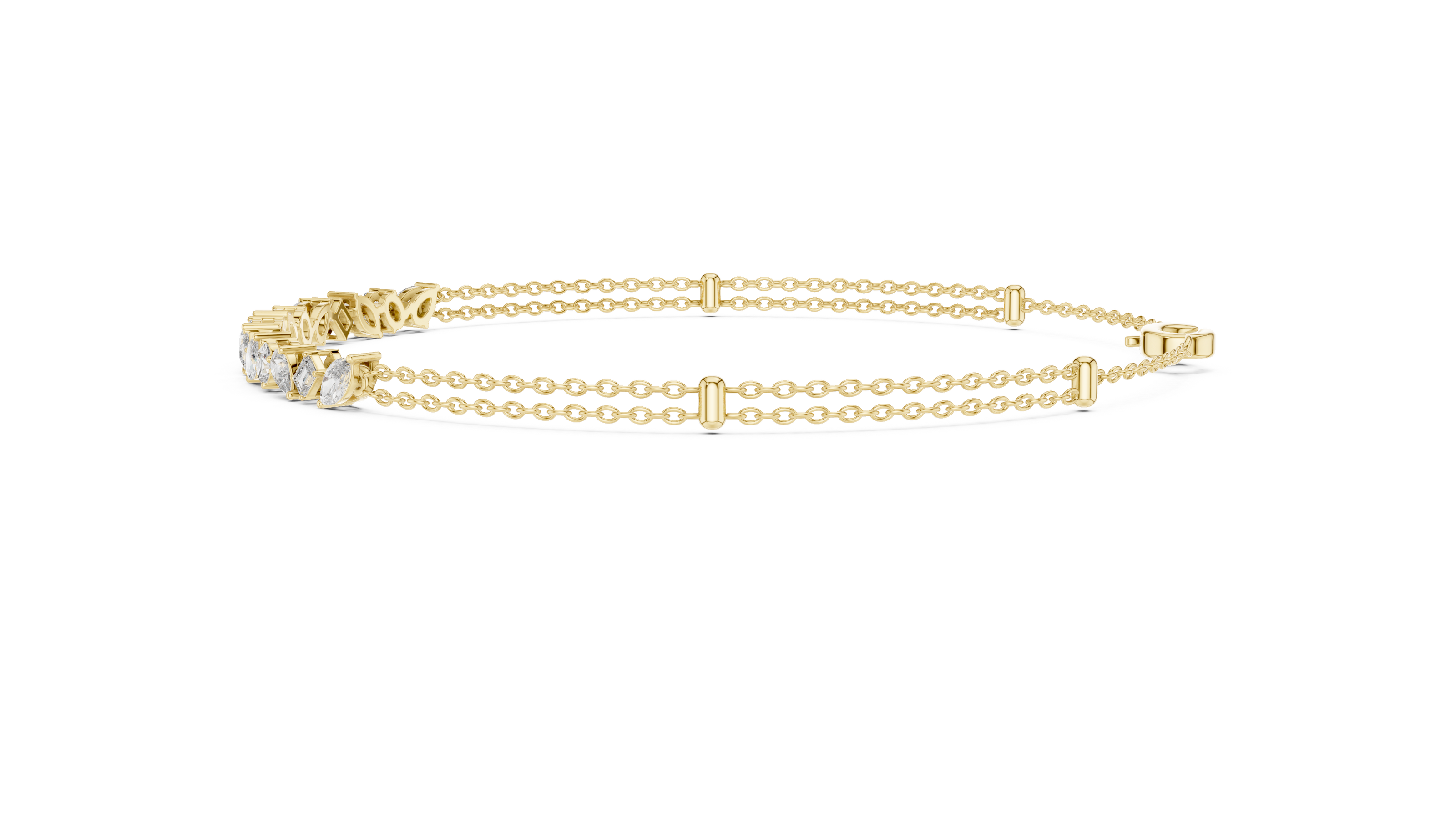 Contemporary multi shape lab grown diamond chain bracelet with pear oval marquise and emerald cut diamonds in yellow white and rose gold