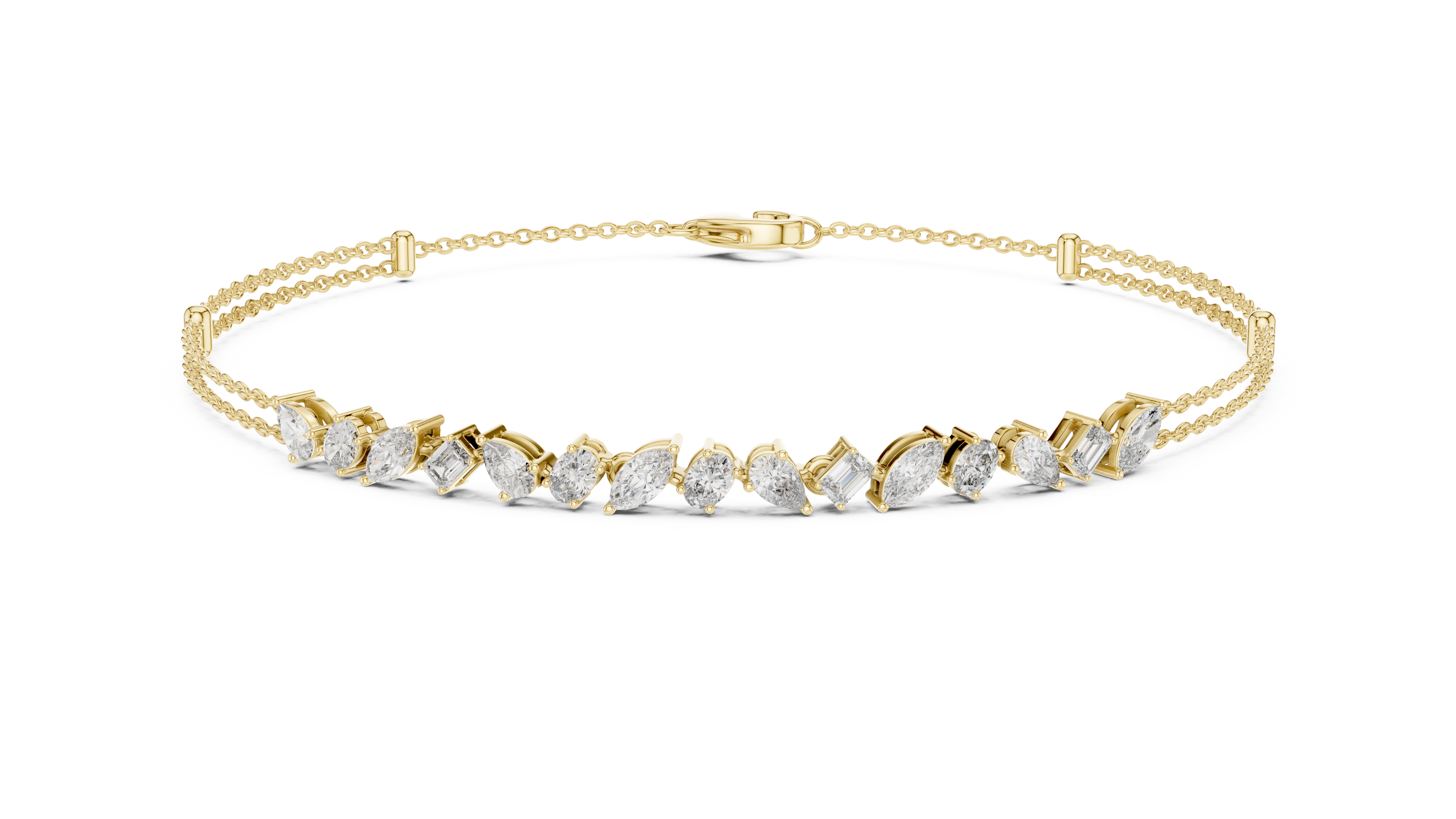Contemporary multi shape lab grown diamond chain bracelet with pear oval marquise and emerald cut diamonds in yellow white and rose gold