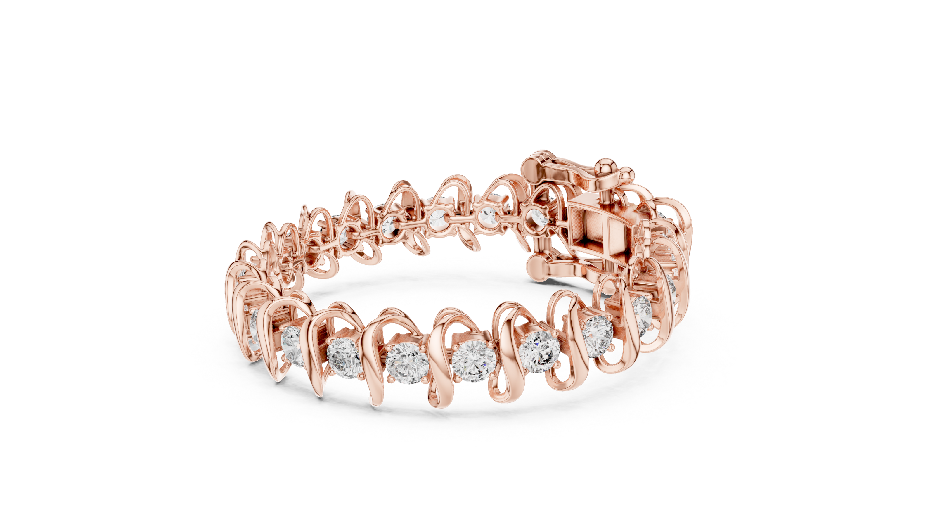 Bold link style lab grown diamond bracelet with large round cut diamonds in yellow white and rose gold