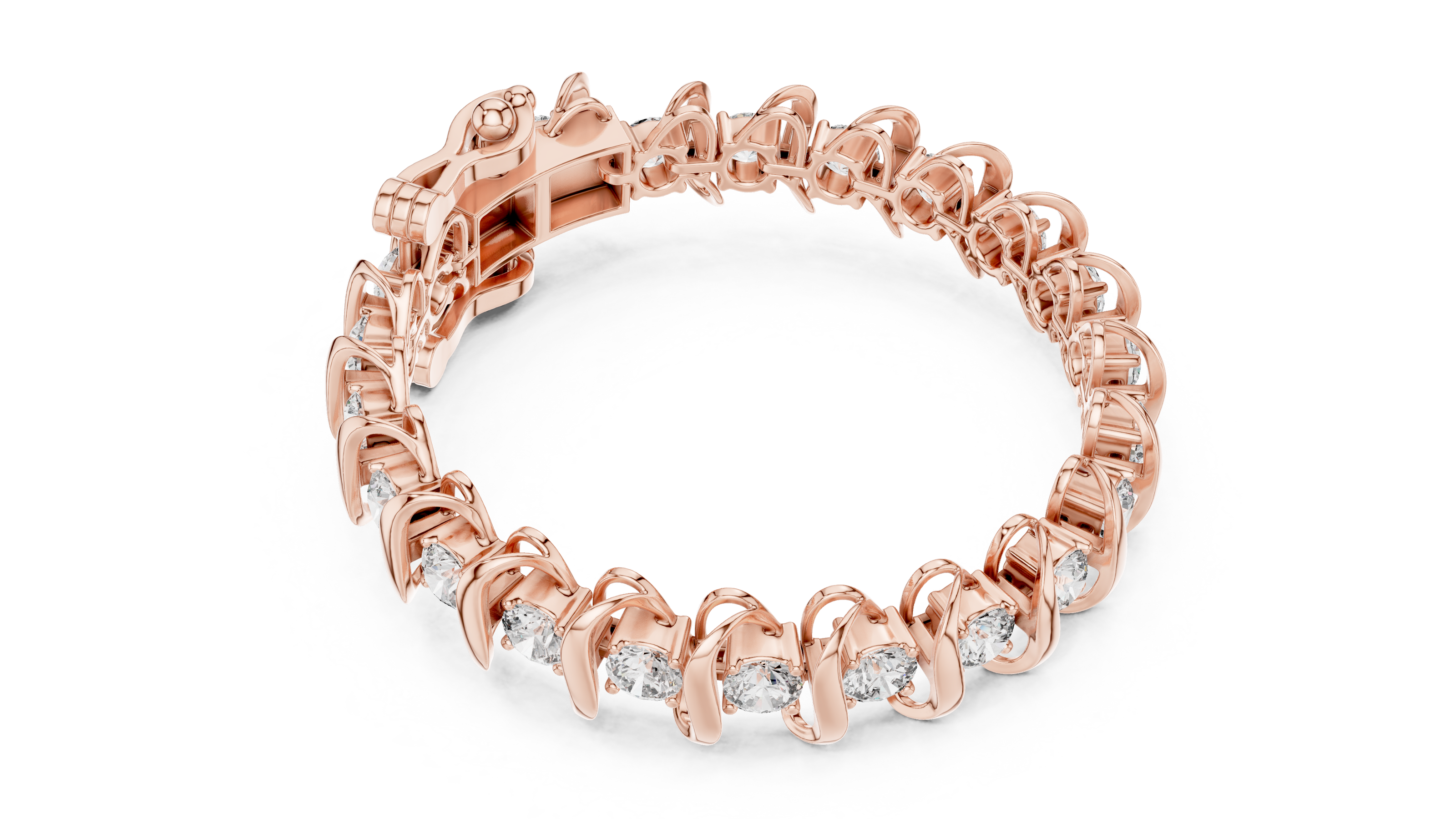 Bold link style lab grown diamond bracelet with large round cut diamonds in yellow white and rose gold
