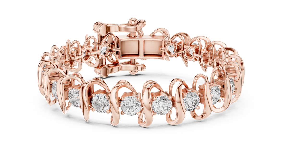 Bold link style lab grown diamond bracelet with large round cut diamonds in yellow white and rose gold