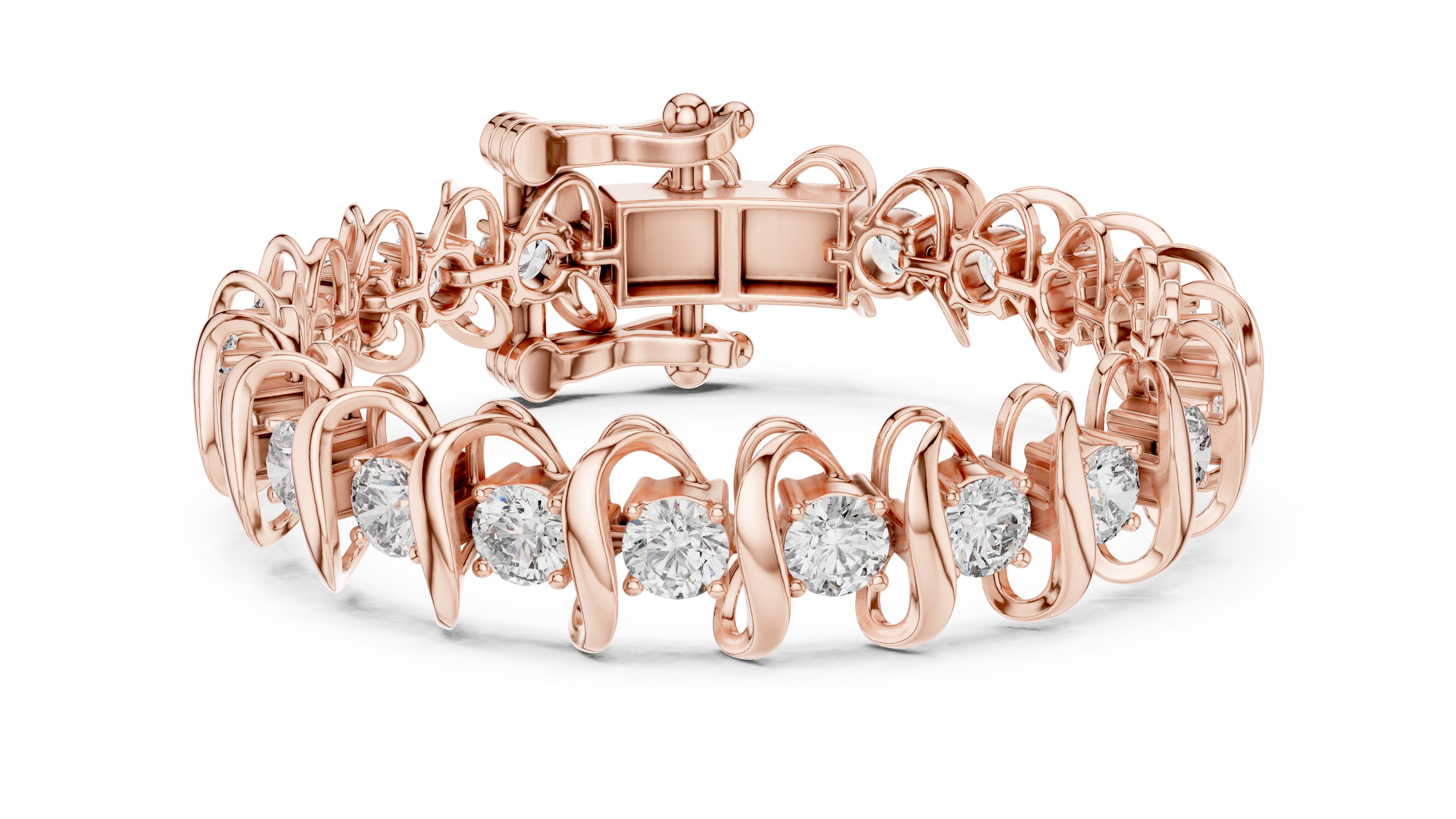 Bold link style lab grown diamond bracelet with large round cut diamonds in yellow white and rose gold