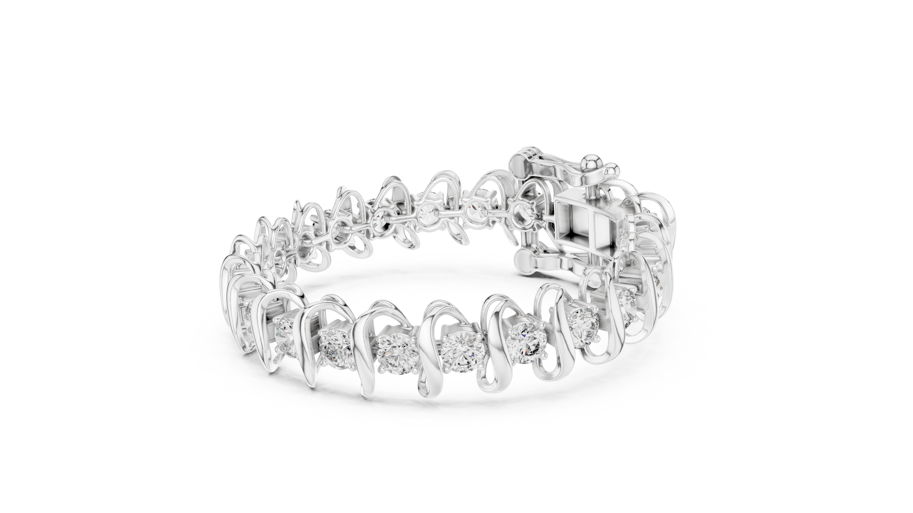 Bold link style lab grown diamond bracelet with large round cut diamonds in yellow white and rose gold