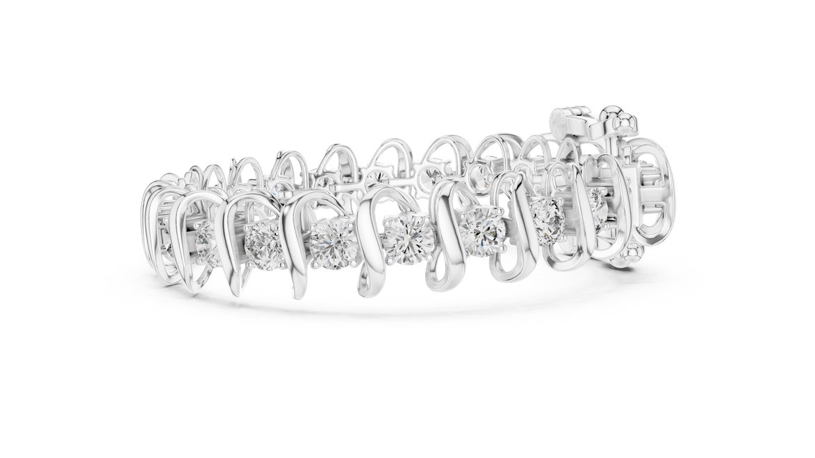 Bold link style lab grown diamond bracelet with large round cut diamonds in yellow white and rose gold