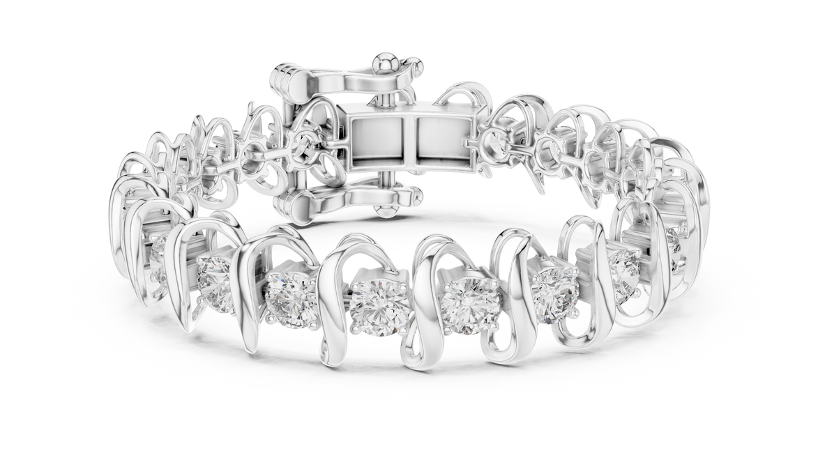 Bold link style lab grown diamond bracelet with large round cut diamonds in yellow white and rose gold