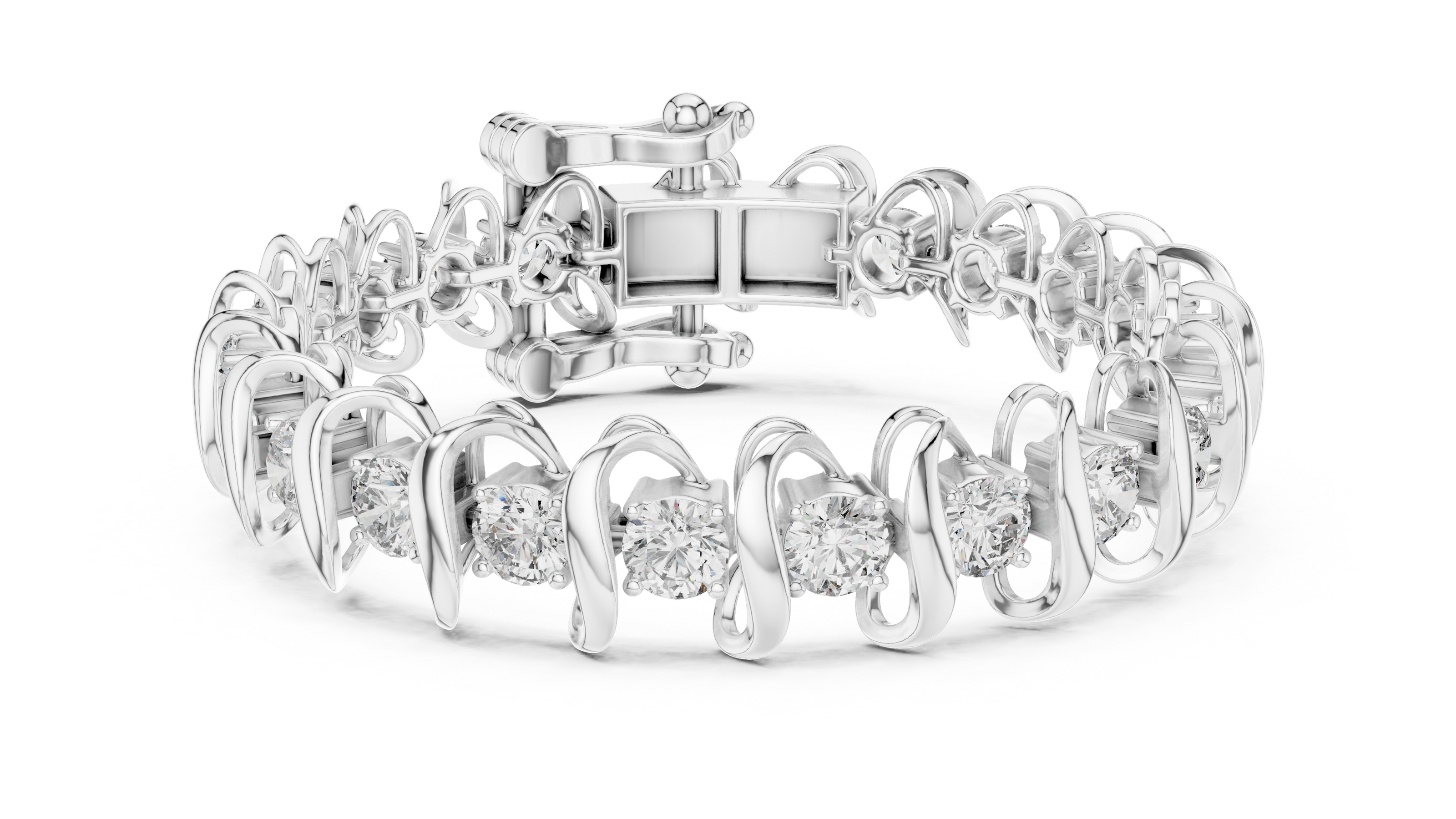 Bold link style lab grown diamond bracelet with large round cut diamonds in yellow white and rose gold